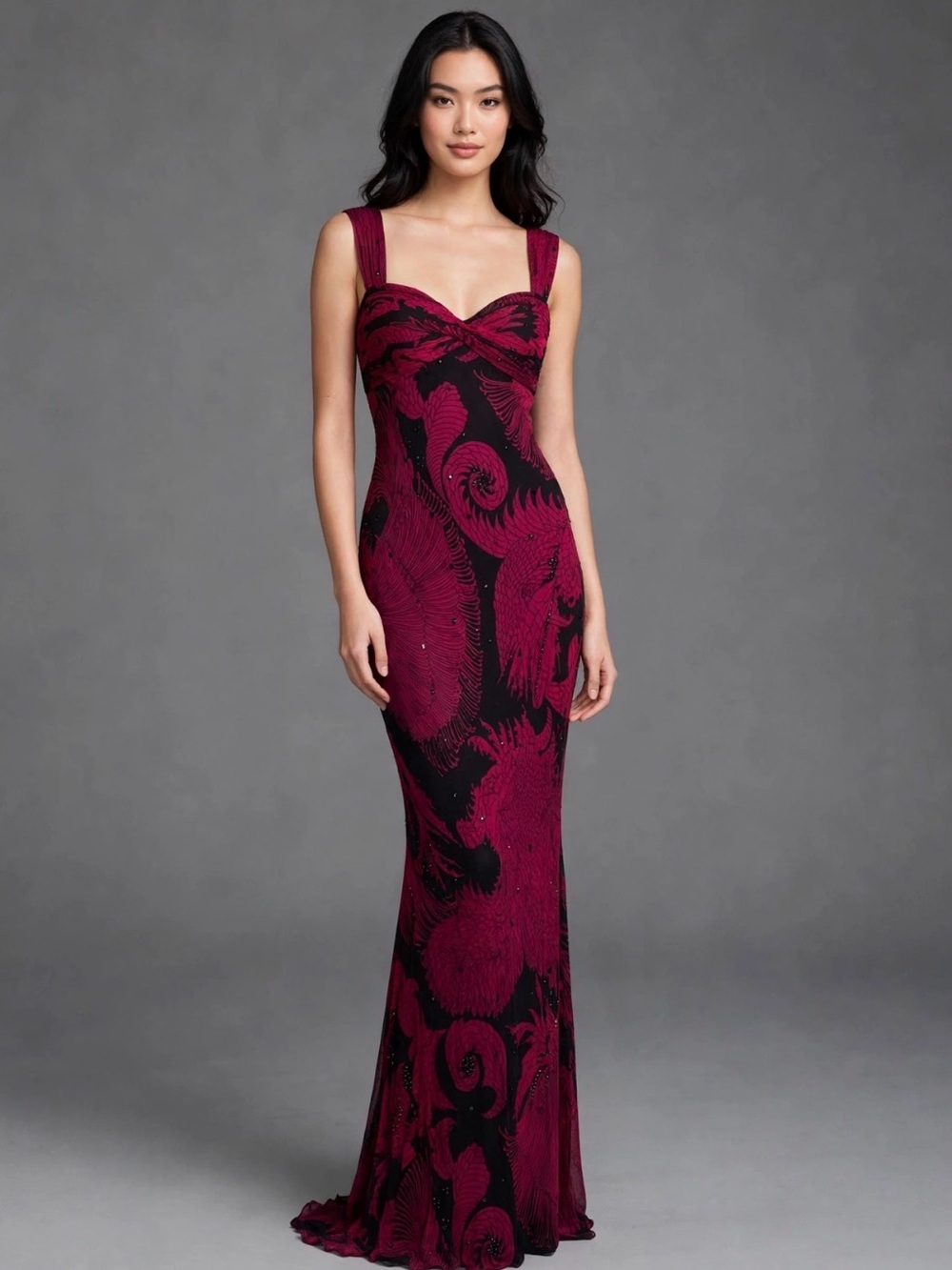 Magenta and Black Floral-Print Maxi Gown